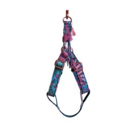 Harnais pour chien bohème – prune & bleu canard, finitions rose