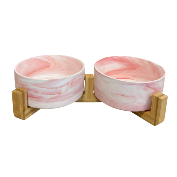 Double gamelle en céramique et son support en bambou